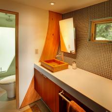 Contemporary Bathroom With Brown Tile Backsplash