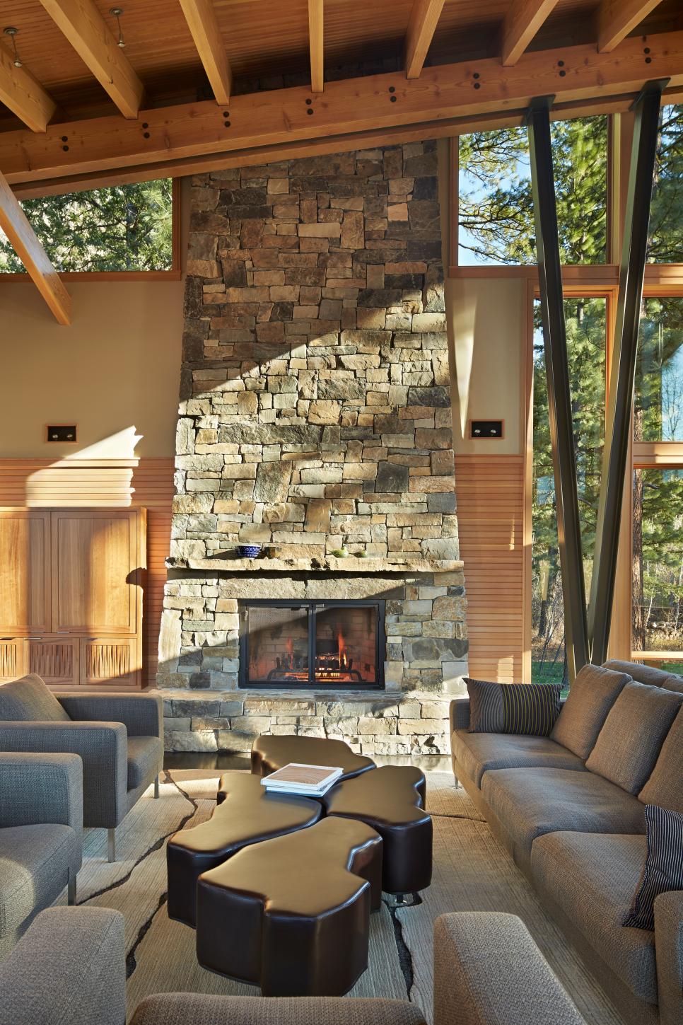 Modern, Rustic Living Room Features Stacked Stone