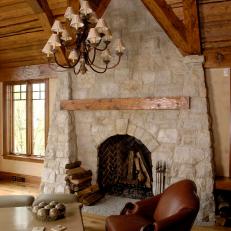 Tall Stone Fireplace in Lake House Living Area