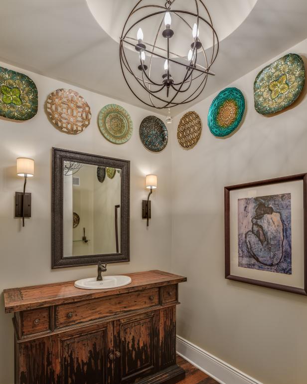 Eclectic Powder Room Features Metal Orb Chandelier | HGTV
