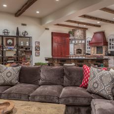 Earth Tones Fill Family-Friendly Living Room & Kitchen