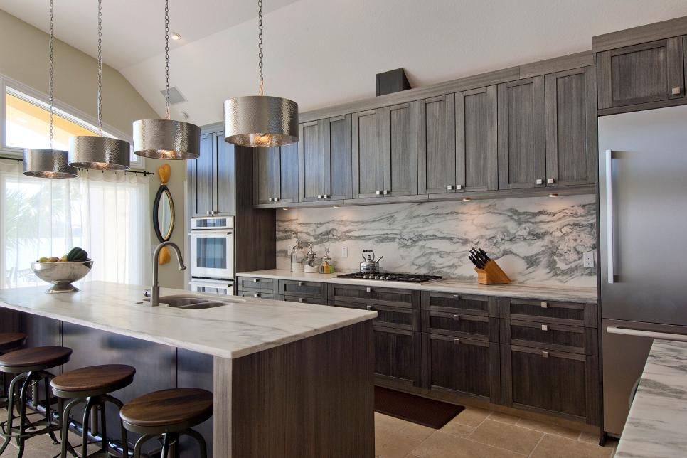 Gray Cabinets & Marble Backsplash in Contemporary Kitchen | HGTV