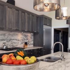 Contemporary Gray & White Kitchen With Metallic Pendants