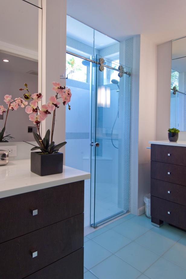 hgtv bathroom glass shower door sliding contemporary doors build master triplepoint modern vanity bathrooms bath entry walk remodel track wood