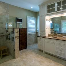 Spa Bathroom in Soft Cream and Beige With Overhead Storage