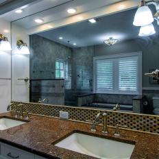 Double Sink Vanity With Brown Countertop in Spa Bathroom