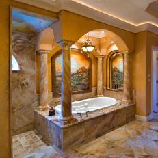 Luxurious Bathing Area in Tuscan-Style Bathroom