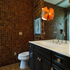 Contemporary Bathroom Boasts Patterned Brown Tile Walls