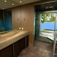 Contemporary Bathroom With Trough Sink & Waterfront View