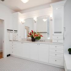 White Double Sink Vanity With Gray Marble Countertop