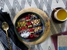 acai breakfast bowl on serving tray