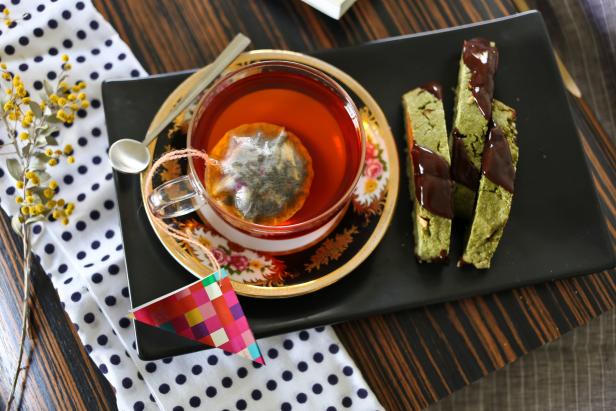 matcha green tea biscotti on tray