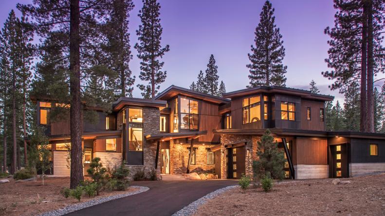 Modern Mountain Cabin with Stone Exterior and Wood Paneling