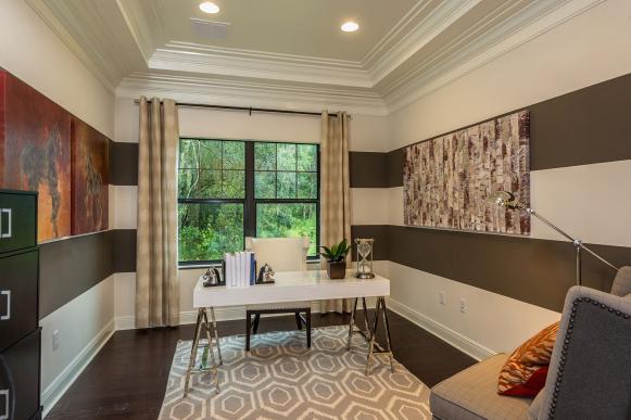 Contemporary Home Office With Gray-and-White Striped Walls