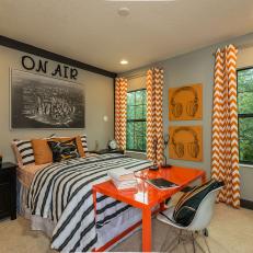 Contemporary Teenage Bedroom With Orange Chevron Curtains