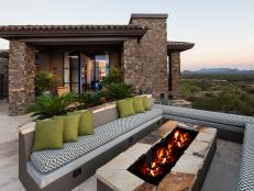 Rustic House Exterior With Outdoor Bench and Firepit