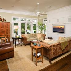 Traditional Family Room with Tropical Materials. 