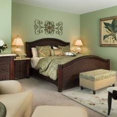 Soothing Green Master Bedroom With Brown Wicker Bed
