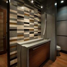 Geometric Tile Backsplash Stuns in Contemporary Bathroom