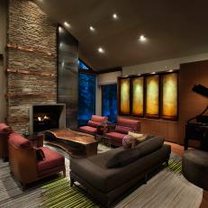Cozy, Contemporary Family Room Features Fireplace & Piano