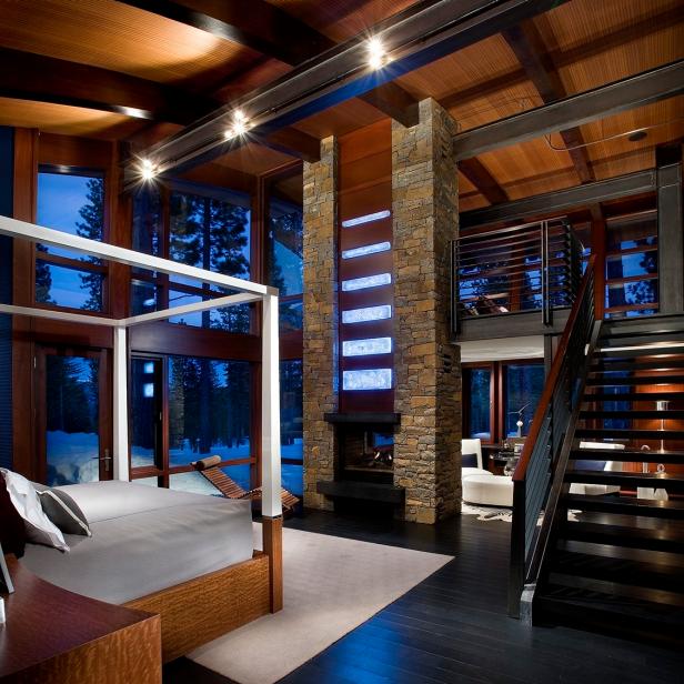 Stunning Two Story Bedroom Features Rustic Stone Fireplace Hgtv