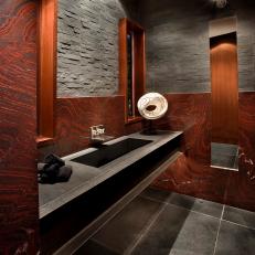 Striking Red & Gray Bathroom With Black Floating Vanity