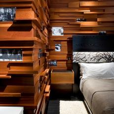 Custom Wood Accent Wall Features Black & White Photos