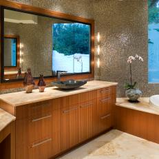 Mosaic Tile Gleams in Chic Asian-Style Bathroom