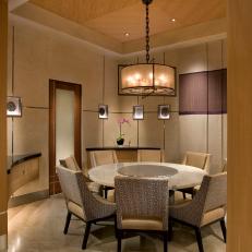 Contemporary Beige Dining Room With Pops of Purple
