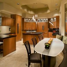Asian Eat-In Kitchen With Sleek Wood Cabinets
