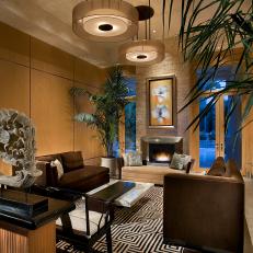 Asian Living Room Features Luxe Brown Velvet Sofas