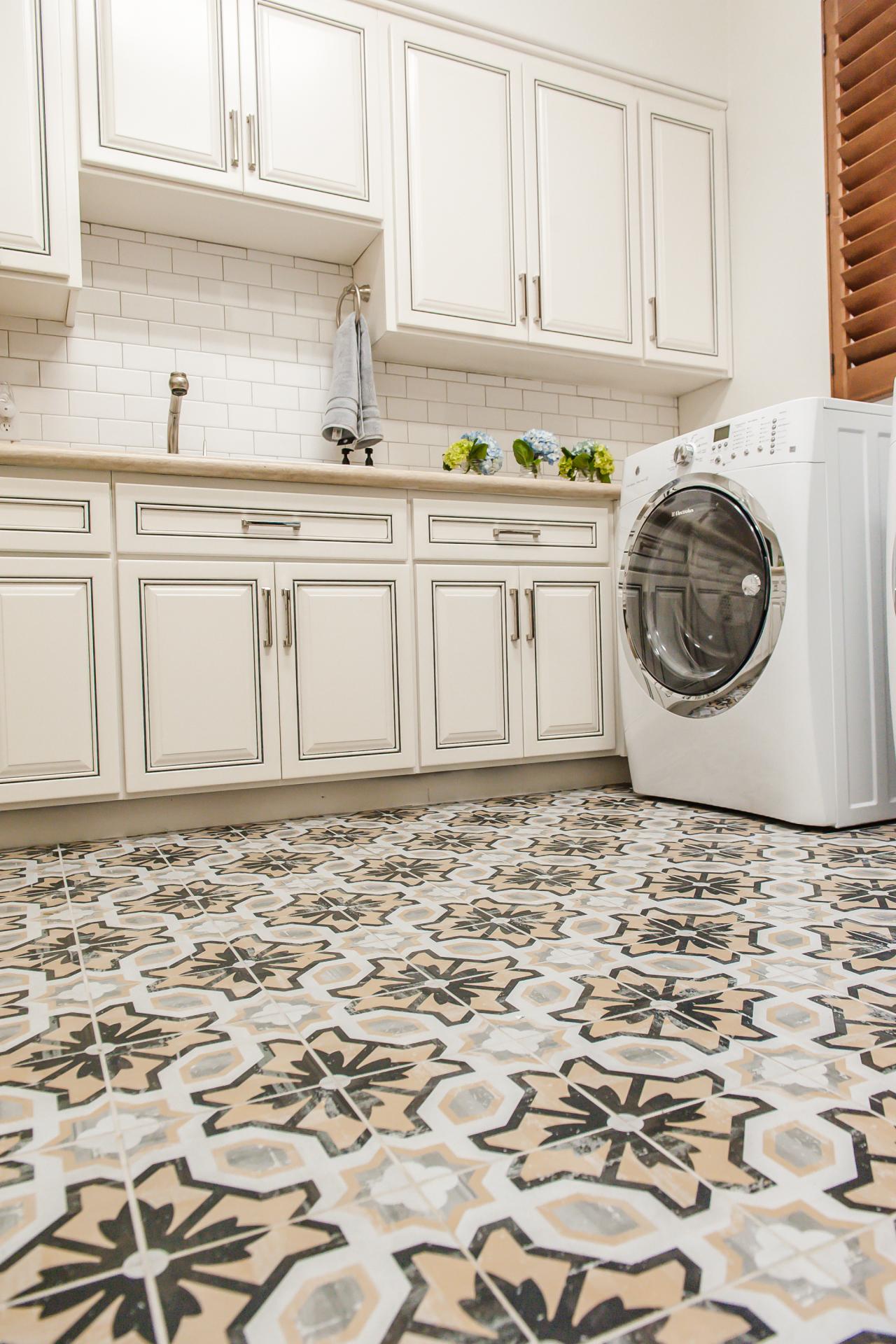 Crisp, Clean Laundry Room Boasts Patterned Tile Floors HGTV