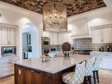 White Kitchen With Gray Mosaic Tile Vaulted Ceiling
