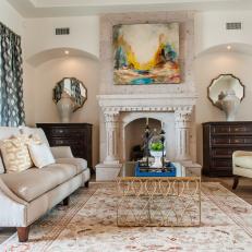Cast Stone Fireplace Wows in Transitional Living Room