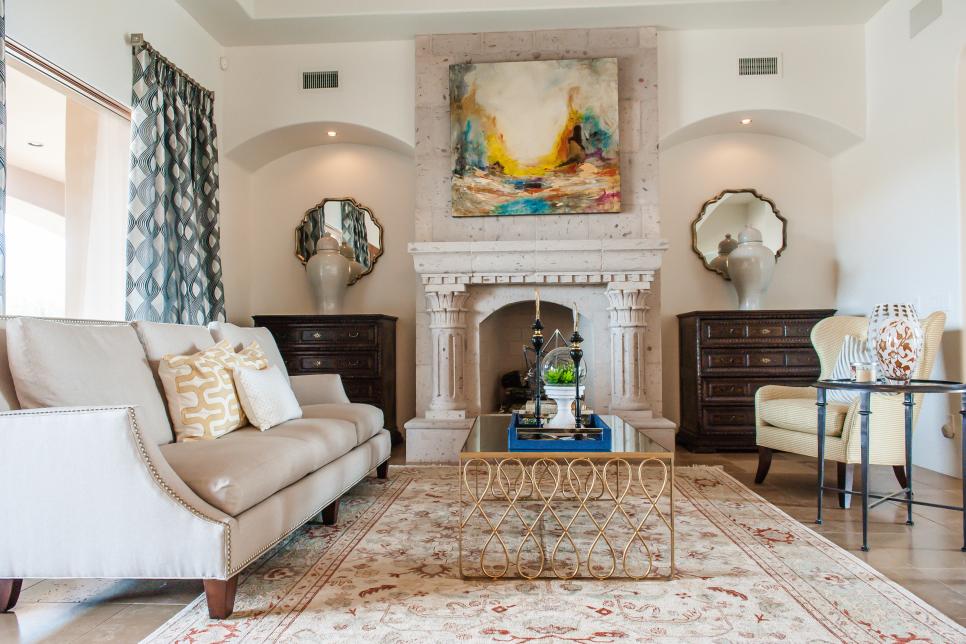 Living Room With Beige Stone Fireplace