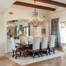 Classy Dining Room Boasts Patterned Chairs & Curtains
