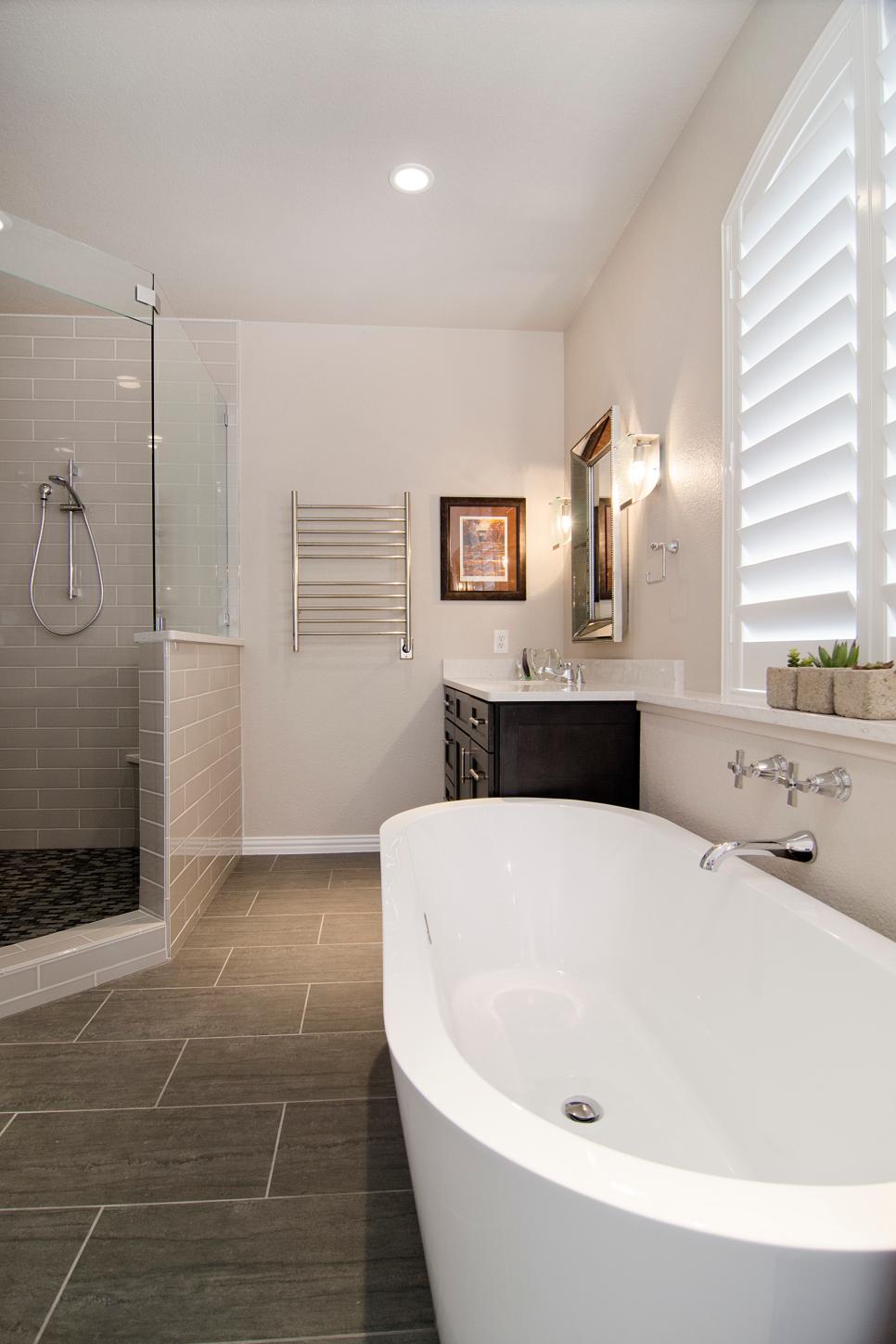 Modern Master Bathroom With Glass Enclosed Shower and Freestanding