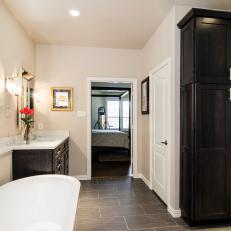 Modern Neutral Master Bathroom With Large Linen Closet