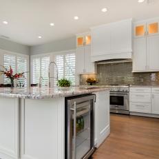 Modern Gray and White Kitchen With Wine Refrigerator