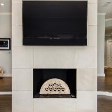 Modern Limestone Living Room Fireplace With Flat Screen Television