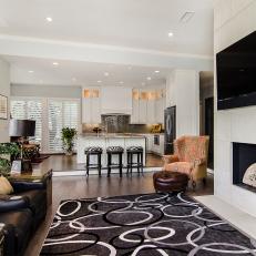 Open Plan Kitchen and Living Rooms With Limestone Fireplace
