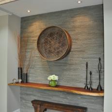 Stone Foyer Wall and Wood Paneled Ceiling