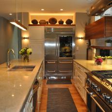 Neutral Contemporary Galley Kitchen With Stainless Steel Refrigerator