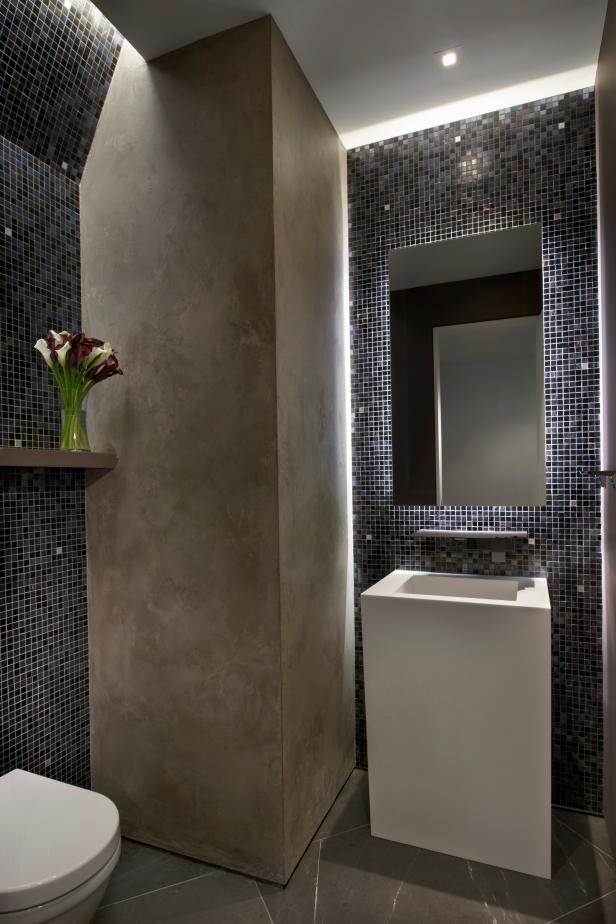 Gorgeous Modern Bathroom With Black Mosaic Tile Walls | HGTV