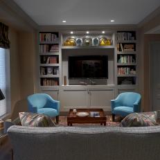 Cozy Transitional Living Room With Built-In Shelving