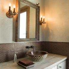 Neutral Rustic Powder Room Vanity With Sconces