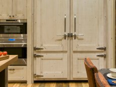 Rustic Whitewashed Kitchen Cabinets With Metal Handles & Hinges