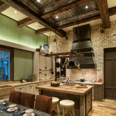 Neutral Rustic Kitchen With High Ceiling