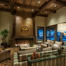 Large Family Room With Rustic Wood Ceiling