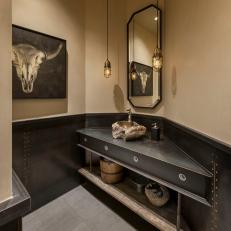 Neutral Rustic Powder Room With Steel Wainscot